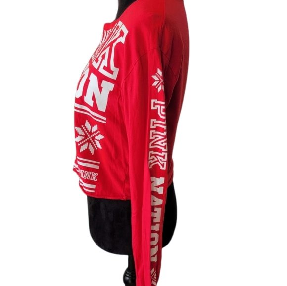 PINK Victoria's Secret Red Holiday "Pink Nation" Cropped LS Cotton Tee - Picture 5 of 8